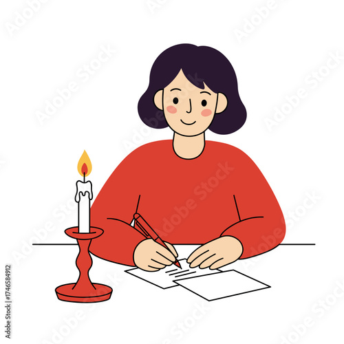 Young woman writing a letter at a candlelit table in cozy setting  