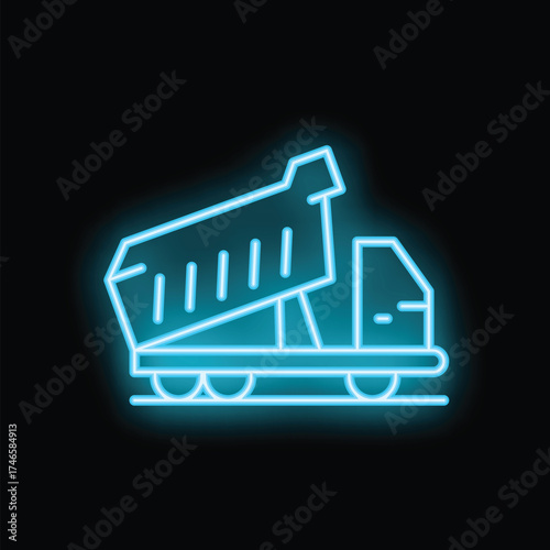 Neon blue icon of a dump truck moving right, presented on a black background