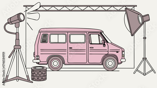 Pink van in studio photoshoot lighting equipment photography backdrop vehicle illustration transportation graphic vintage van illustration retro car image studio lighting setup photo shoo.