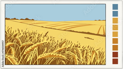 Golden Wheat Field Landscape Summer Harvest Rural Scenery Agricultural Illustration.