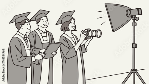 Graduation photoshoot students in caps and gowns photographer with camera studio lighting education achievement success celebration portrait photography diploma commencement ceremony.