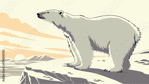 Polar Bear on Arctic Cliff Wildlife Illustration Nature Scene Climate Change Awareness.