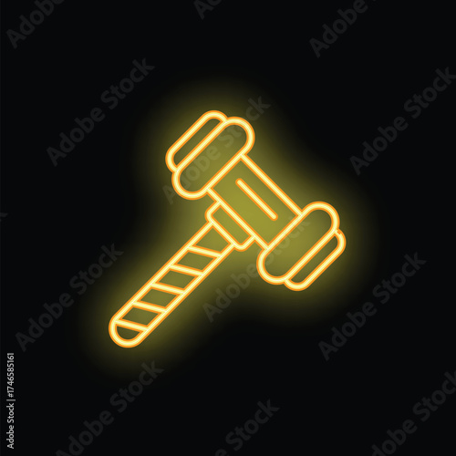 Neon gavel hammer striking surface with force, symbolizing law, justice, and legal decisions