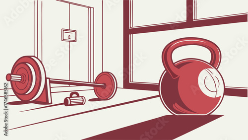 Gym interior with kettlebell and barbell weights fitness equipment illustration workout exercise sport.