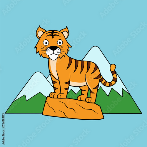 Wild Tiger Standing on Rock with Mountain Landscape – Adventure Wildlife Scene Vector Illustration