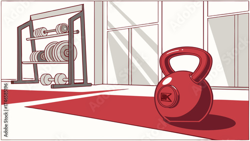 Gym interior with kettlebell and weight rack fitness equipment workout space exercise illustration.