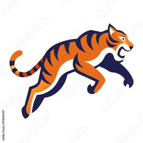 Tiger Jumping Forward – Dynamic Motion Pose, Powerful Wild Animal Vector Illustration