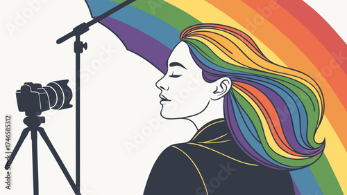 Rainbow Hair Photography Studio Setup Colorful Illustration.