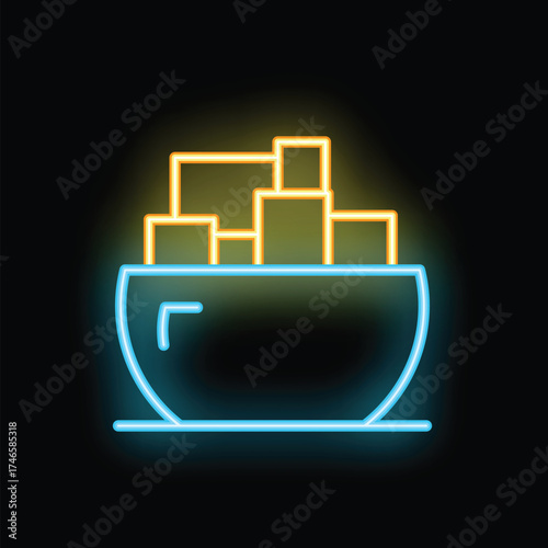 Glowing neon icon of a cargo ship delivering goods, perfect for designs related to transportation, logistics, and international trade