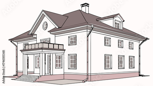 Illustration of a large family home architectural design residential building blueprint house plan home exterior drawing.