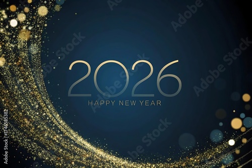 Elegant golden glitter swirl and bubbles with 2026 happy new year text on dark blue background