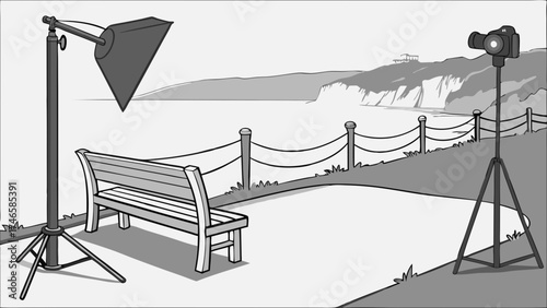 Illustration of a photography setup on a coastal path with a bench and ocean view.
