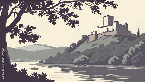 River Landscape with Castle Illustration Vintage Style Artwork Hilltop Fortress Water Reflection Tranquil Scene Nature Illustration Scenic View Medieval Castle Artistic Render Fairytale.