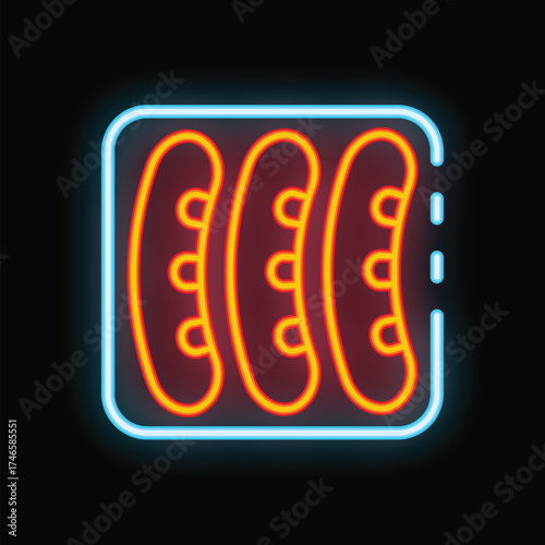 Neon sign of a blue rectangle containing three orange sausages on a black background