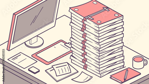 Isometric Illustration of a Desk with a Large Stack of Documents and Office Supplies.