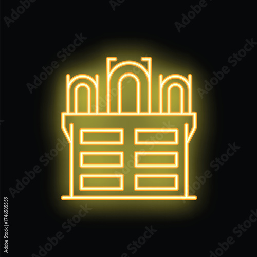 Bright yellow neon icon of a stadium with lights glowing on black background