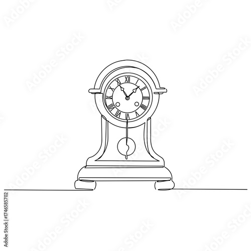 Antique clock in vintage style, classic mantel clock illustration with roman numerals, elegant minimal line art drawing