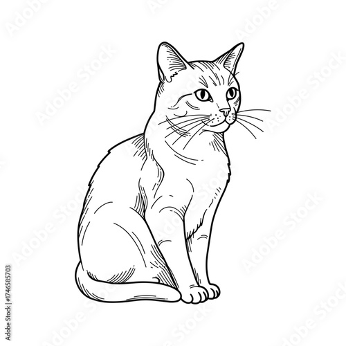 Sitting cat illustration in black line art, elegant domestic animal with attentive expression and detailed minimal contour