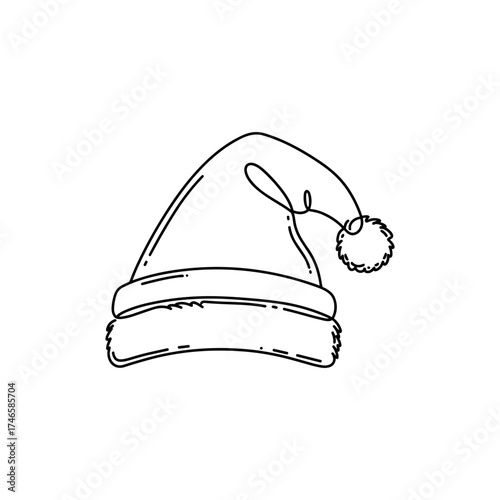 Santa Claus hat drawing, fluffy traditional Christmas hat with pompom and fur trim in minimal black line art