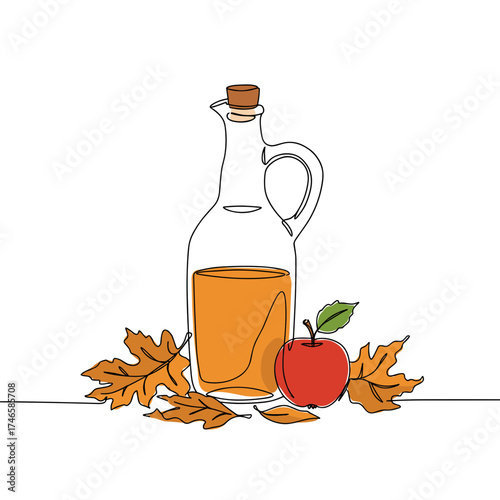Apple cider jug and autumn leaves, glass bottle with apple, cozy fall illustration in minimal black line art for seasonal mood