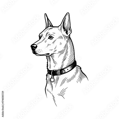Dog with collar realistic illustration, attentive pet animal in black line art, domestic canine with alert expression