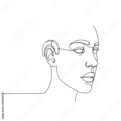 Face with hearing aid minimal line art, simple black illustration showing ear and assistive device for accessibility and medical concept