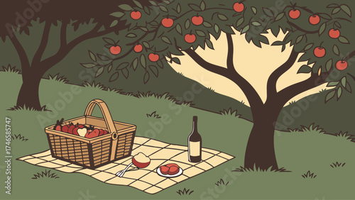 Romantic picnic basket under fruit tree illustration summer outdoor scene food and wine checkered blanket nature background apple orchard countryside idyllic setting.