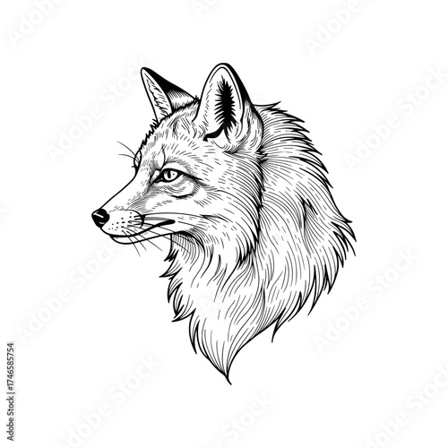 Fox head realistic portrait in black line art, wild animal with bushy fur and alert eyes, handdrawn style