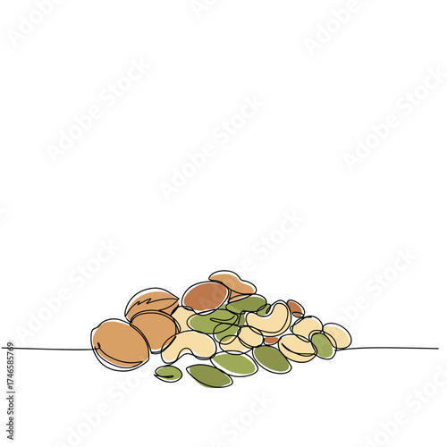 Handful of nuts colorful minimal illustration, mixed nuts in simple line art style with natural shapes and snack variety