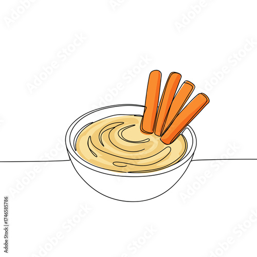Hummus with carrot sticks in bowl, healthy snack food illustration in simple black line and minimal color
