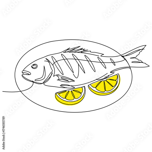 Grilled fish with lemon slices, whole cooked fish served on plate with yellow lemon wedges in minimal line art and color