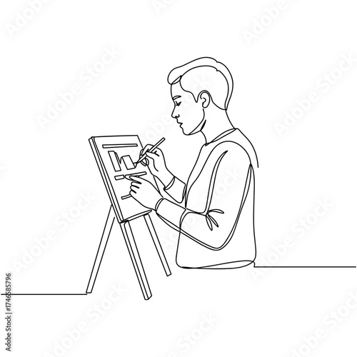 Person using speech board, minimal black line art of man standing at easel with communication board