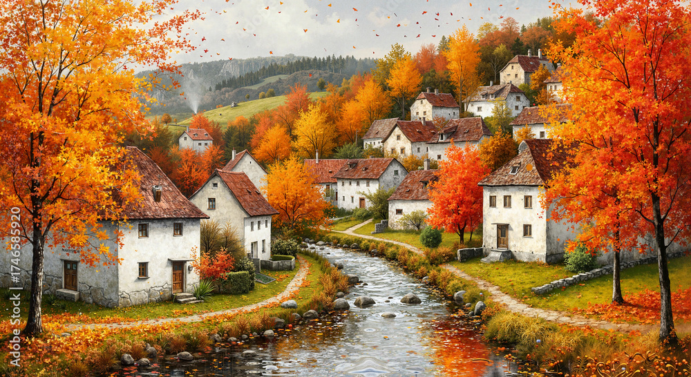 Obraz premium Autumn village landscape with colorful trees and flowing river 