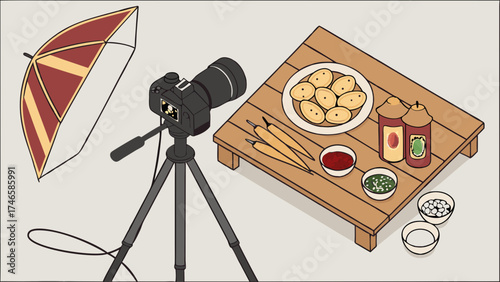 Isometric Illustration of Food Photography Setup with Camera on Tripod and Lighting Umbrella.