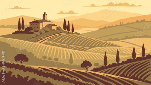 Rural landscape with rolling hills vineyards and a farmhouse at sunset.