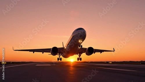 A large passenger airplane takes off from a runway at dawn, silhouetted against a vibrant orange and pink sky.