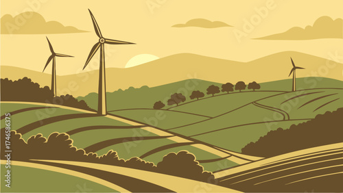 Rural landscape with wind turbines at sunset idyllic countryside scenery green hills renewable energy eco-friendly illustration.