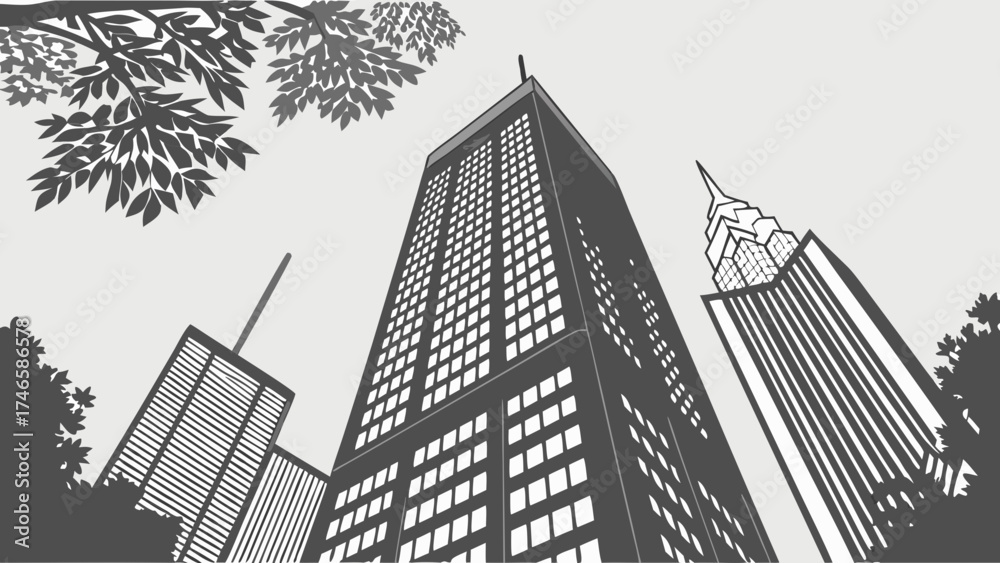 Fototapeta premium Low Angle View of Modern Skyscrapers with Trees Urban Architecture Cityscape Illustration.