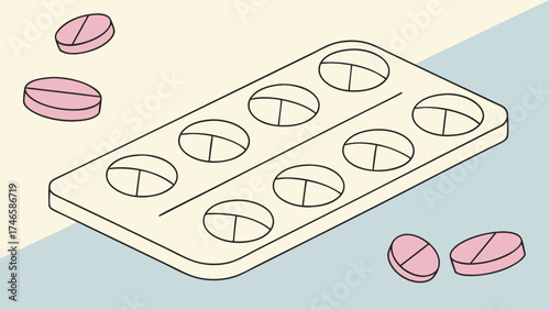 Medication blister pack pills tablets healthcare pharmacy medicine drugs treatment capsules dosage health medical pharmacy vector illustration graphic design line art minimal s.