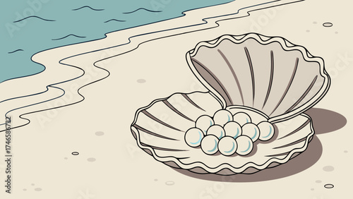 Seashell with pearls on the beach ocean waves background illustration graphic design.