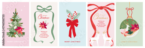 Merry Christmas greeting card Set. Modern beautiful Xmas design with hand drawn Christmas tree, Poinsettia flower, holly berry, candy cane, deer and bows, ribbon. Art banner, poster, cover template.