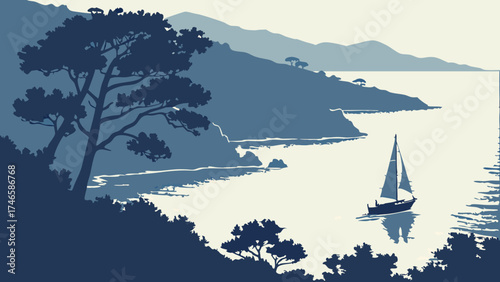 Serene Coastal Landscape with Sailboat Calm Ocean Scene Blue Tones Artistic Illustration.