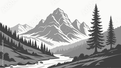 Mountain River Landscape Grayscale Illustration Nature Scene Coniferous Forest Peak Valley Outdoor Artwork Scenic View Wildlife Ecology Hiking Travel Adventure Calm River Tranquil S.