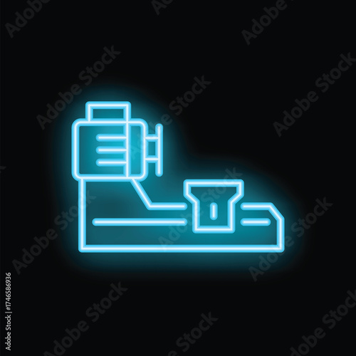 Glowing neon line icon of a milling machine cutting a metal detail, a symbol of industrial manufacturing
