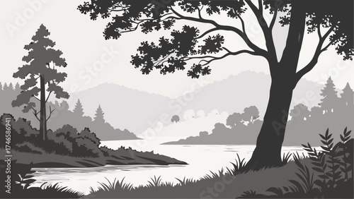 Serene grayscale landscape illustration of a river trees and mountains in a tranquil nature scene.