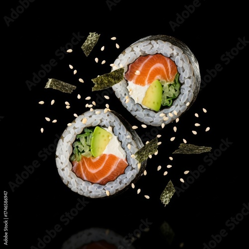 Delicious salmon sushi rolls with avocado and cream cheese float mid air, sprinkled with sesame seeds and nori