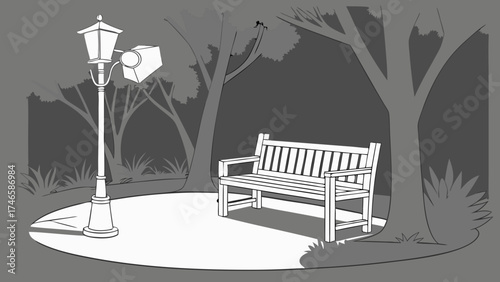Night scene park bench under lamppost illustration grayscale design tranquil outdoor setting relaxing atmosphere vector art graphic.