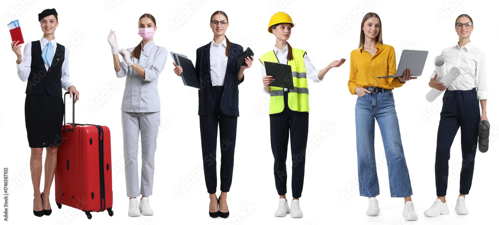 Obraz premium Choice of profession. Same woman representing different occupations. Collage of portraits on white background