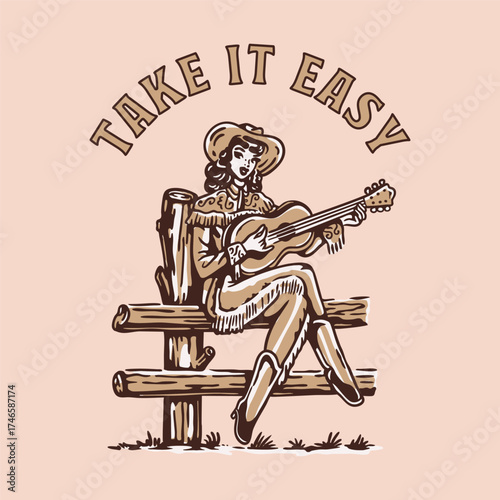 Vintage Vector Illustration of Cowgirl Woman Playing Guitar in Retro Western Style for Music Poster, Country Festival, Rodeo Event, T-Shirt Design, and Americana Artwork