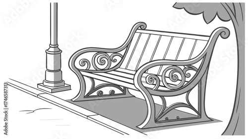 Ornate park bench illustration decorative outdoor seating streetlamp design grayscale drawing vector art garden furniture elegant bench city park scene black and white illustration simpl.